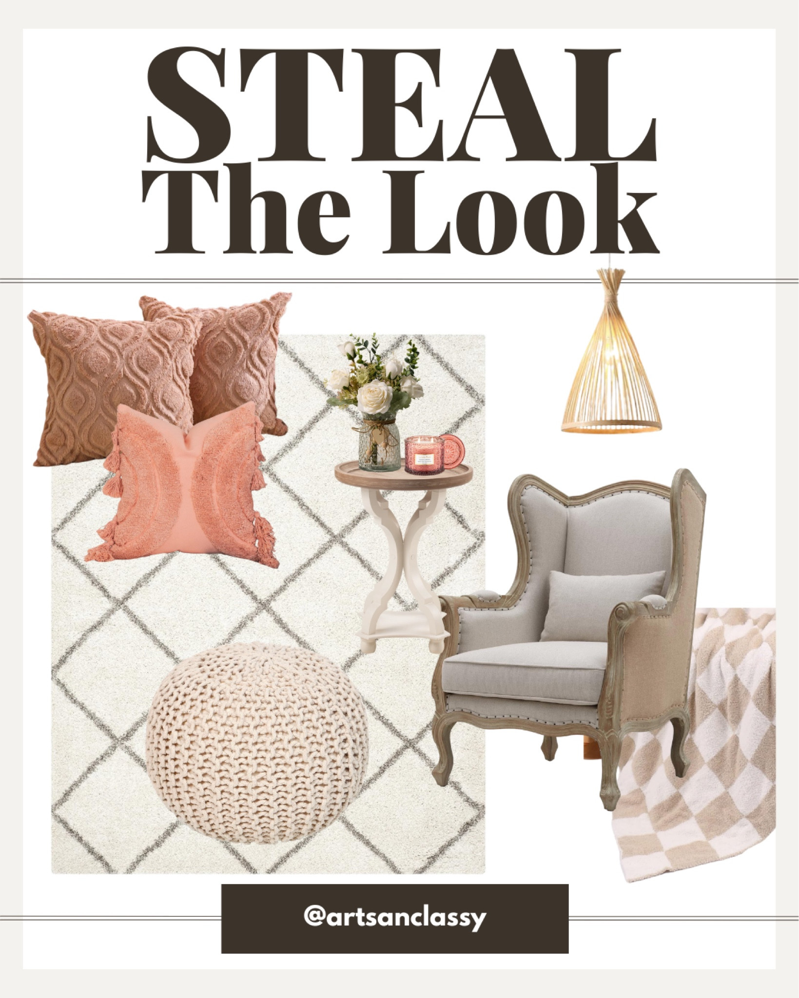 Get ready to cozy up in style! 🌿✨ Shop the look of this boho farmhouse reading nook, complete with a comfy chair, cable knit pouf ottoman, checkered throw blanket, boho pendant light, farmhouse side table, candle, florals, and a plush shag trellis rug. Transform your space into a haven of comfort and charm with these curated pieces. Click the link in bio to shop now! #CozyReadingNook #BohoFarmhouse #ShopTheLook

#LTKfindsunder100 #LTKfindsunder50 #LTKhome