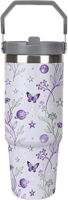 Large Capacity Car Cup 30 Oz Purple Floral Stars Butterflies Stainless Steel Flip Straw Travel Tu... | Amazon (US)