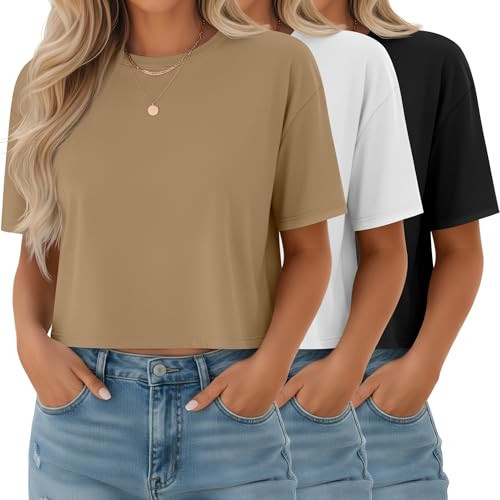 Ficerd 3 Pack Women Crop Tops Half Sleeve Cropped T Shirts Casual Crew Neck Drop Shoulder Loose Summer Solid Color(Small,Black, Khaki, White) | Amazon (US)