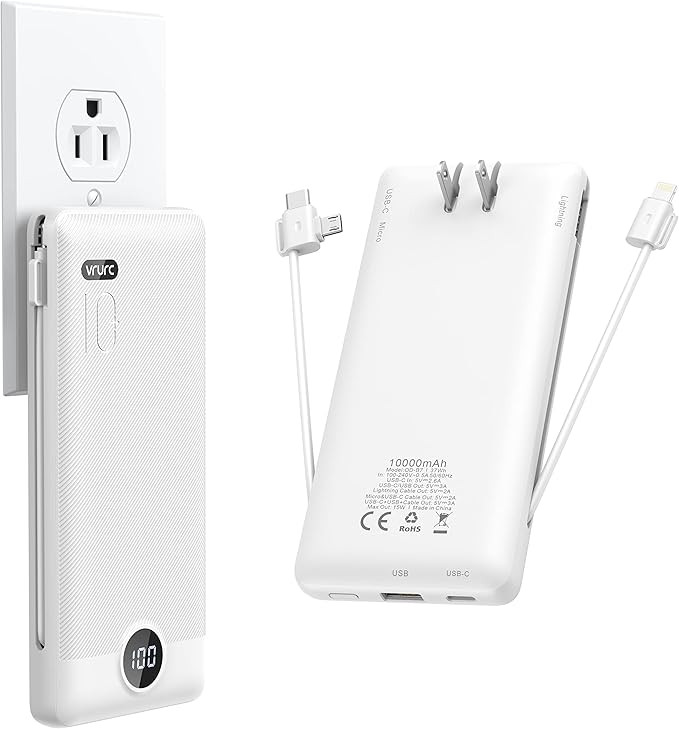 VRURC Portable Battery Charger Built-in Cable,10000mAh Type C Power Bank, Power Bank with Wall Pl... | Amazon (US)