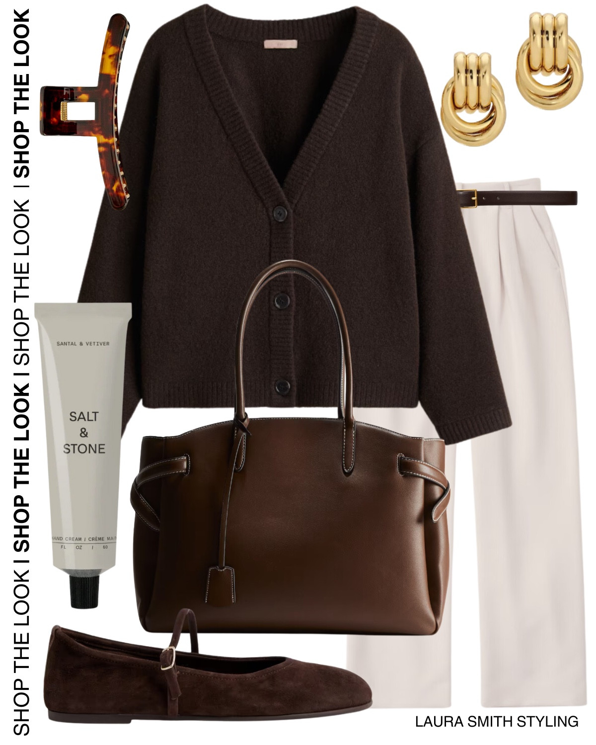 Brown Tonal Outfit. 

Including brown knit cardigan, white/light grey tailored trousers, brown handbag, brown maryjane shoes, brown belt, gold stud earrings, brown hair clip, hand cream  

#LTKbeauty #LTKwinter #LTKstyletip