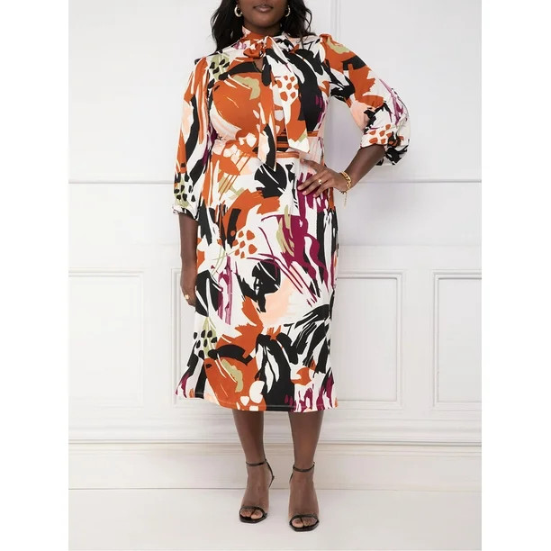 ELOQUII Elements Women's Plus Tie Neck Jersey Dress | Walmart (US)