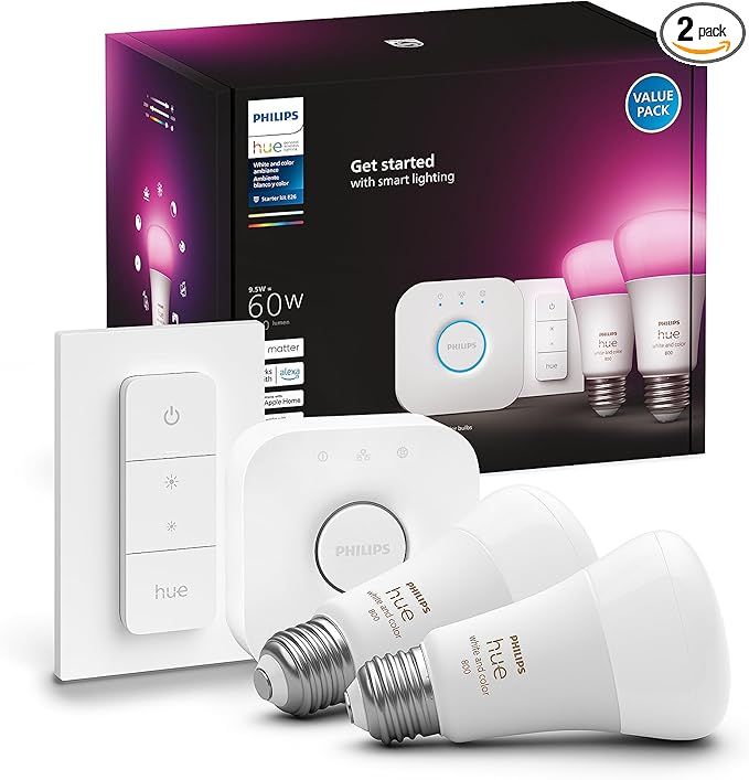 Philips Hue Smart Light Starter Kit - Includes (1) Bridge, (1) Dimmer Switch and (2) A19 LED Bulb... | Amazon (US)