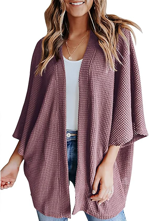 Women's Waffle Knit Batwing 3/4 Sleeve Cardigan Lightweight Loose Open Front Oversized Sweater Co... | Amazon (US)