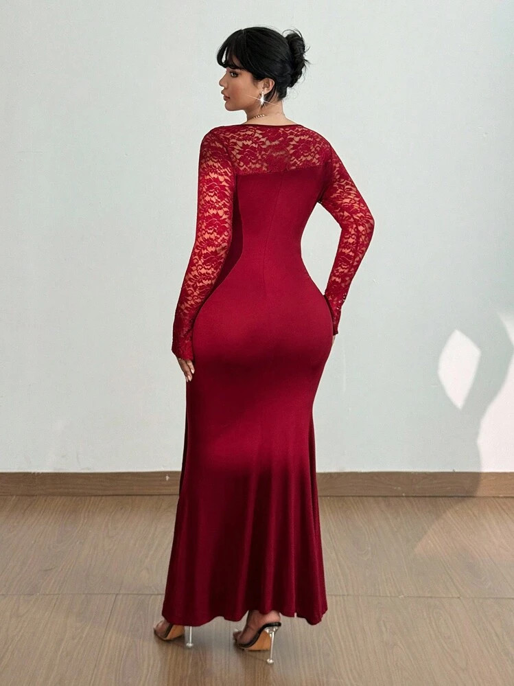 Viva Relle Plus Size Women's Burgundy Vintage Romantic Fitted Lace Patchwork Long Sleeve Flared C... | SHEIN