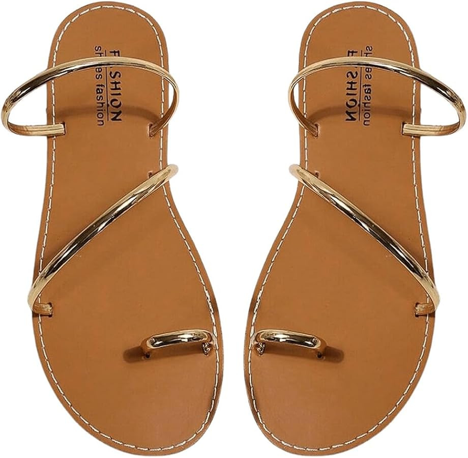 OYOANGLE Women's Metallic Strappy Toe Ring Sandals Open Toe Flat Slide On Thong Sandals | Amazon (US)