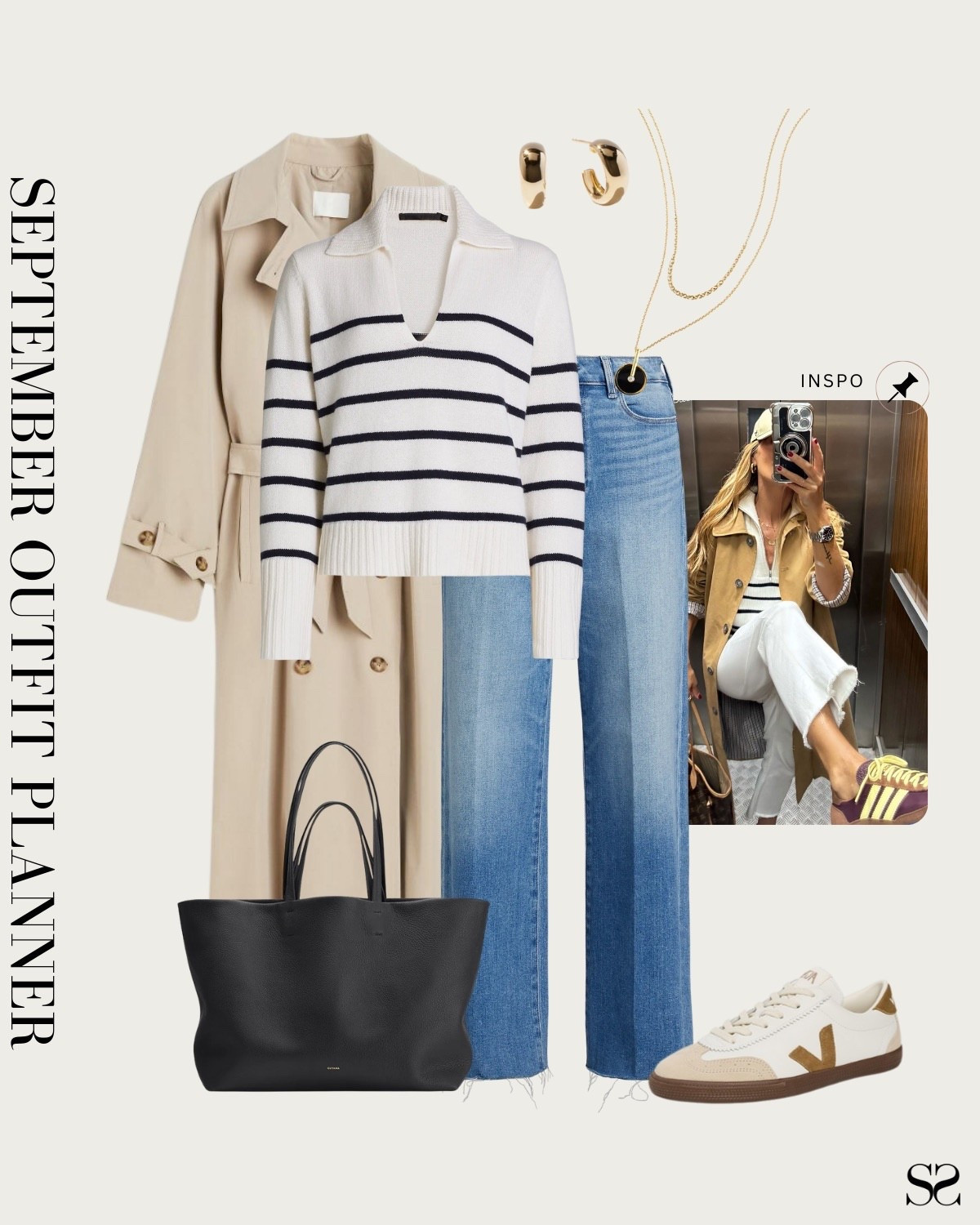 Monthly outfit planner SEPTEMBER: Summer to Fall outfits | striped polo sweater, straight jean, leather tote, trench coat, sneakers 

#summertofall #transitionalstyle #falloutfit #classicstyle #casualstyle

Image inspo credit: Pinterest

#LTKStyleTip