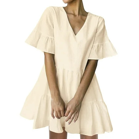 FANCYINN Womens Cute Shift Dress Short Bell Sleeve Ruffle Hem V Neck Loose Swing Tunic Mini Dress wi | Walmart (US)