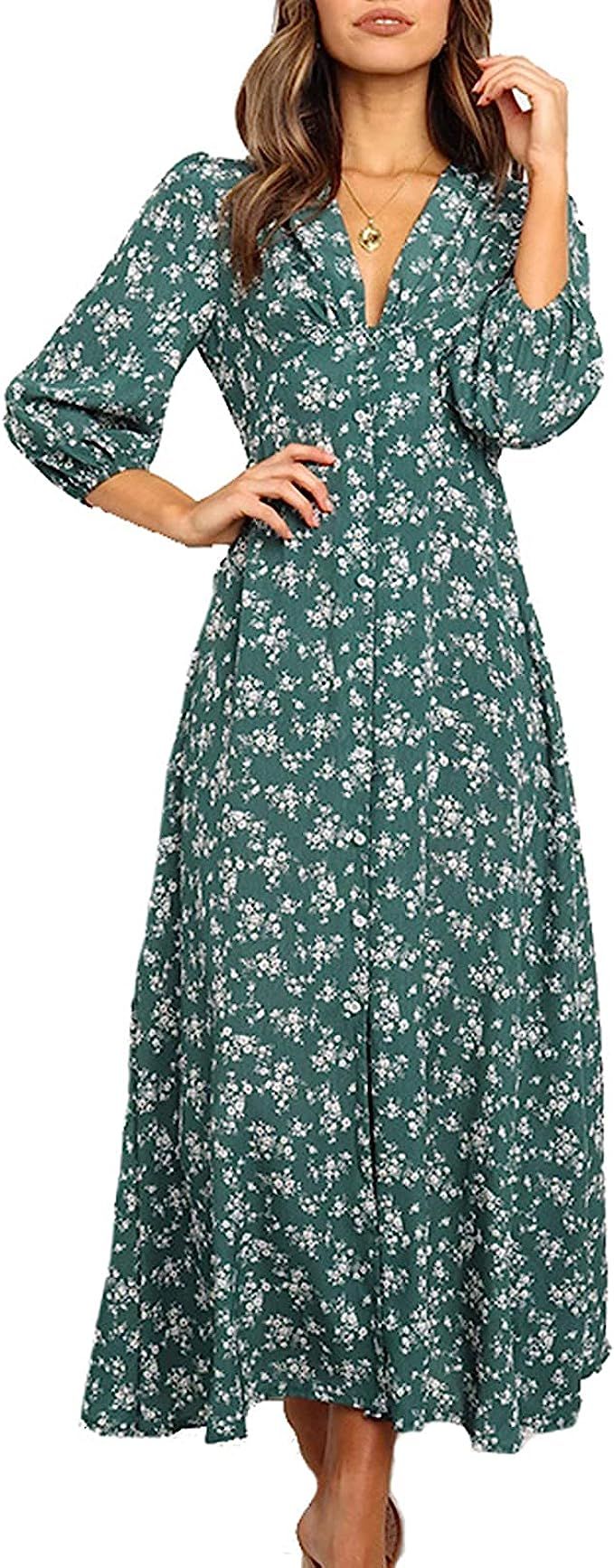 Angelwilla Women’s Dress Three-Quarter Long Sleeve V-Neck High Waist Floral Printed One-Piece D... | Amazon (UK)