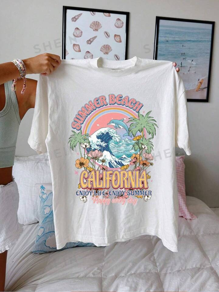 SHEIN EZwear Casual White Round Neck Short Sleeve Women's T-Shirt With Waves, Palm Tree & Dolphin... | SHEIN