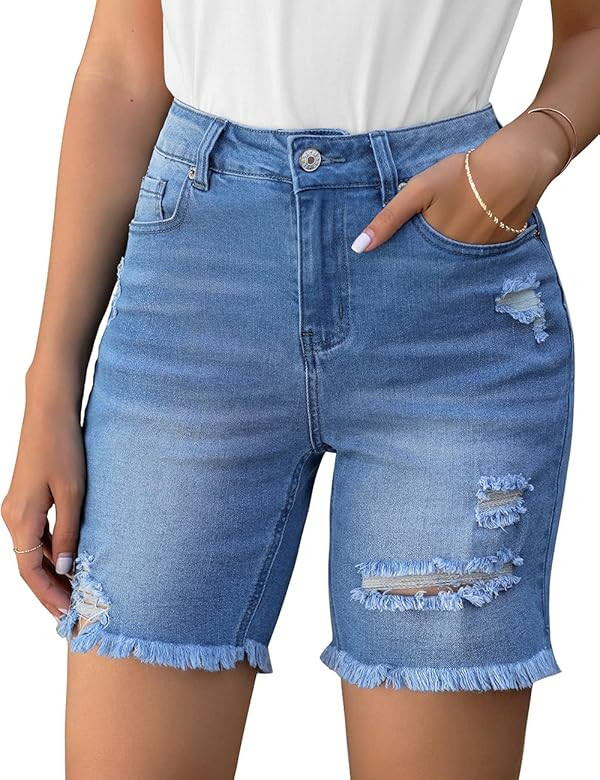Vetinee Women's Ripped Frayed Hem Bermuda Jean Shorts High Rise Skinny Denim Shorts | Amazon (US)