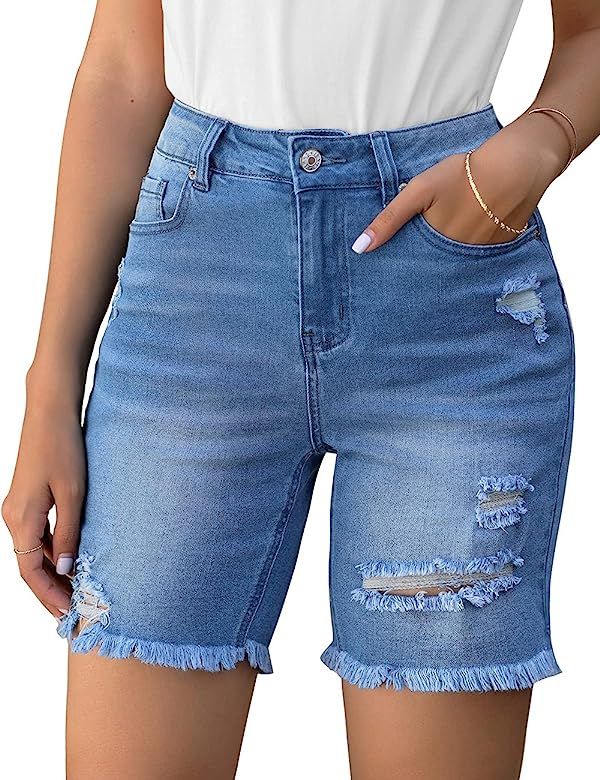 Vetinee Women's Ripped Frayed Hem Bermuda Jean Shorts High Rise Skinny Denim Shorts | Amazon (US)