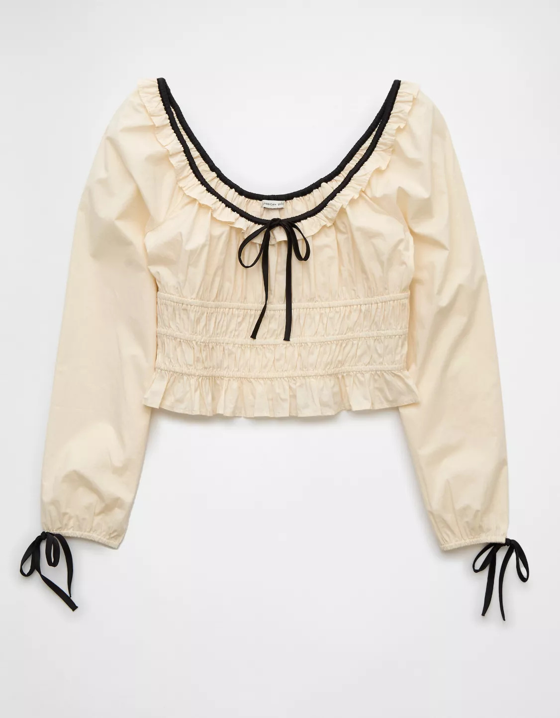 AE Long-Sleeve Ruched Poplin Blouse | American Eagle Outfitters (US & CA)