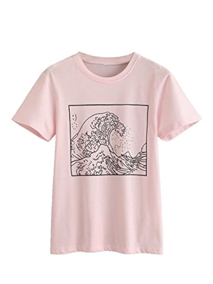 Romwe Women's Short Sleeve Top Casual The Great Wave Off Kanagawa Graphic Print Tee Shirt | Amazon (US)