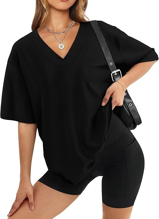 WIHOLL Oversized Tshirts for Women 2026 Summer Tops Short Sleeve V Neck Shirts Basic Tee | Amazon (US)