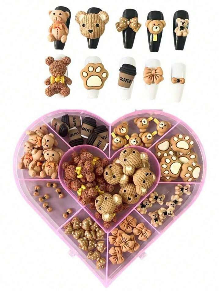 Bulk Supply 60Pcs/Set Kawaii Autumn Winter Brown Multiple Style Rose Knitting Bear Lollipop Footprint Wave Point Bowknot Mini Bowknot Coffee Cupple Mix Size Cute French Long XXXL Coffin Nail Art Decoration Charms Junk Mobile Phone Laptop Case Hairpin Ornament Handcraft Accessories Kawaii Flat Back Diy Crafts Jewelry Pendant | SHEIN