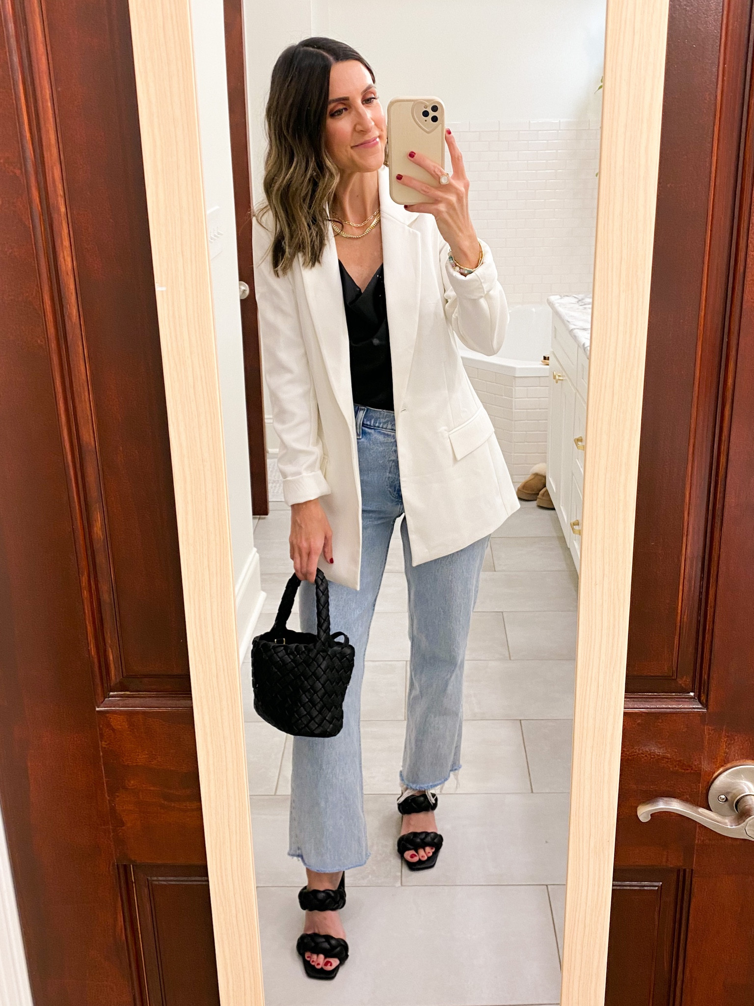 Date night outfit! Wearing size XXS in blazer. Runs very oversized. Wearing XS in cami. Cut the denim myself. Fit TTS. Regular length was a bit long for my 5’4” height. Heels fit TTS. 

#datenight 
#abercrombie 
#amazonfashion

#LTKunder50 #LTKunder100