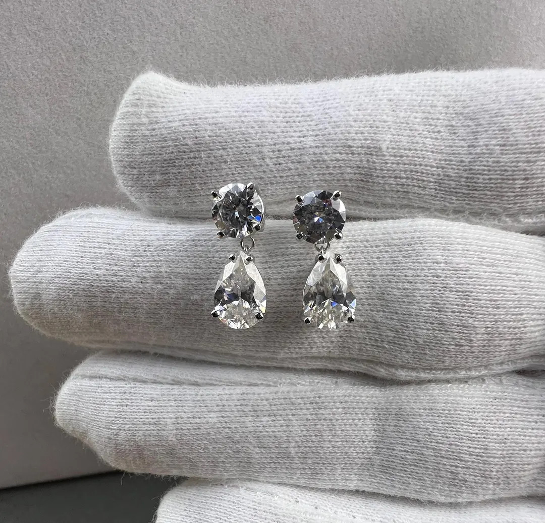 Pear Shape & Round Cut Moissanite Earrings in 14k solid gold, Pear Cut Moissanite Drop Earrings G... | Etsy (US)