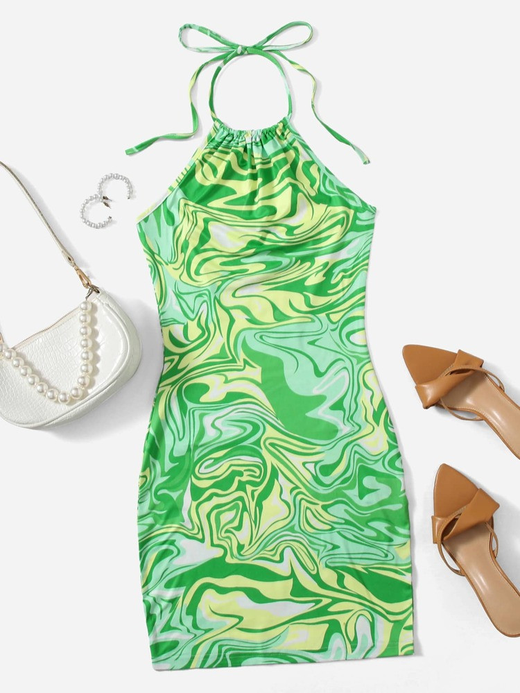SHEIN ICON 90s Marble Print Ruched Halter Dress | SHEIN