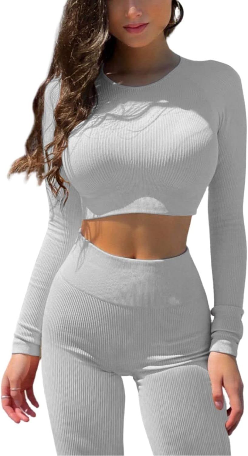 Amazon.com: QINSEN Seamless Workout Outfits for Women 2 Piece Ribbed Long Sleeve Crop Top Tummy Cont | Amazon (US)