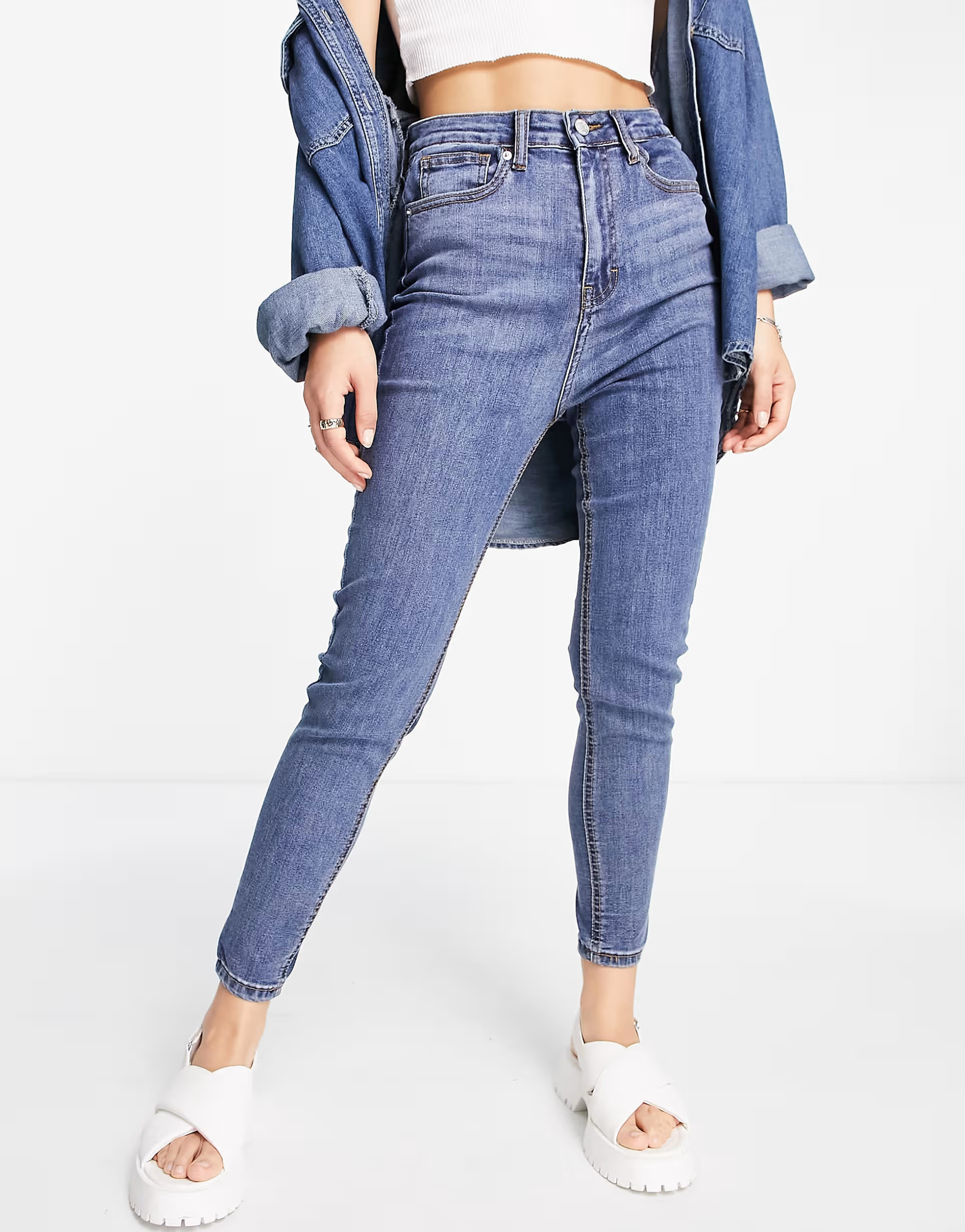 DTT Ellie high waist skinny jeans in mid blue | ASOS (Global)