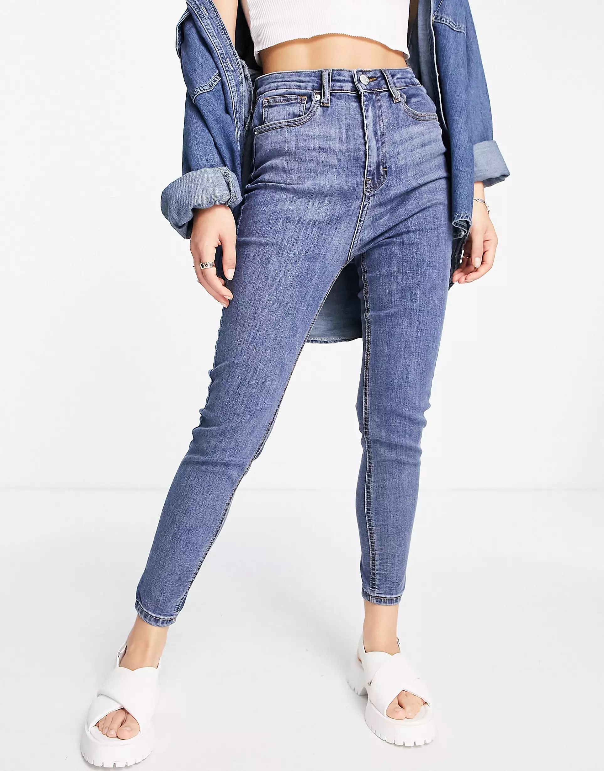DTT Ellie high waist skinny jeans in mid blue | ASOS (Global)