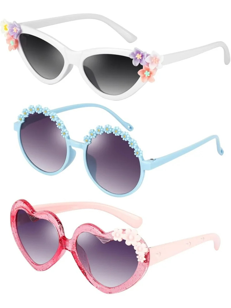 3 Pack Kids Sunglasses Stylish Cute Heart Shaped Round Cat Eye Sunglasses for Toddler Girls Age 3... | Walmart (US)