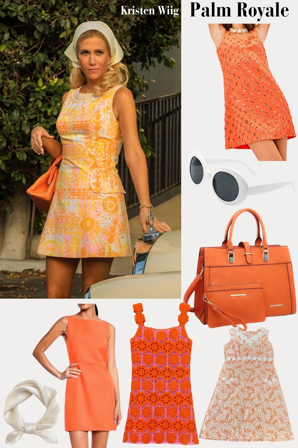 Maxine Simmons Outfit 1 - Kristen Wiig as Maxine Simmons wearing a vintage A-line mini Lilly Pulitzer dress with a colorful floral print, styled with an orange satchel and a cream head scarf for a chic retro look.