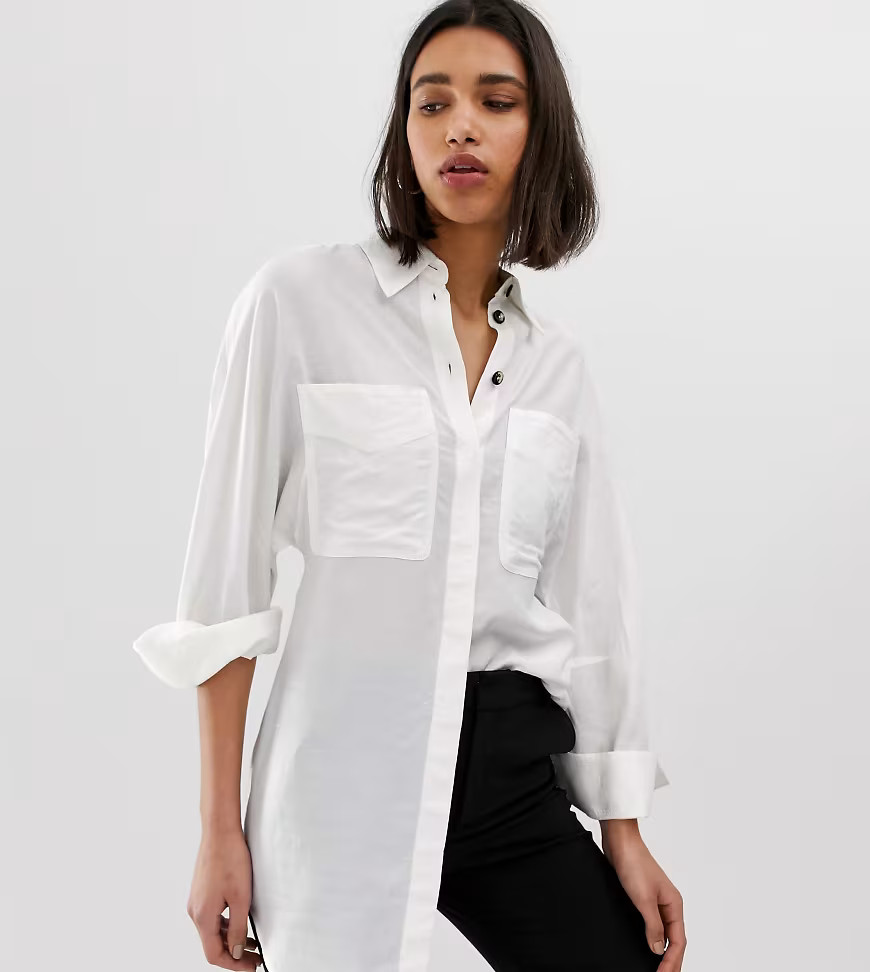 Mango longline shirt with pockets in Off White | ASOS (Global)