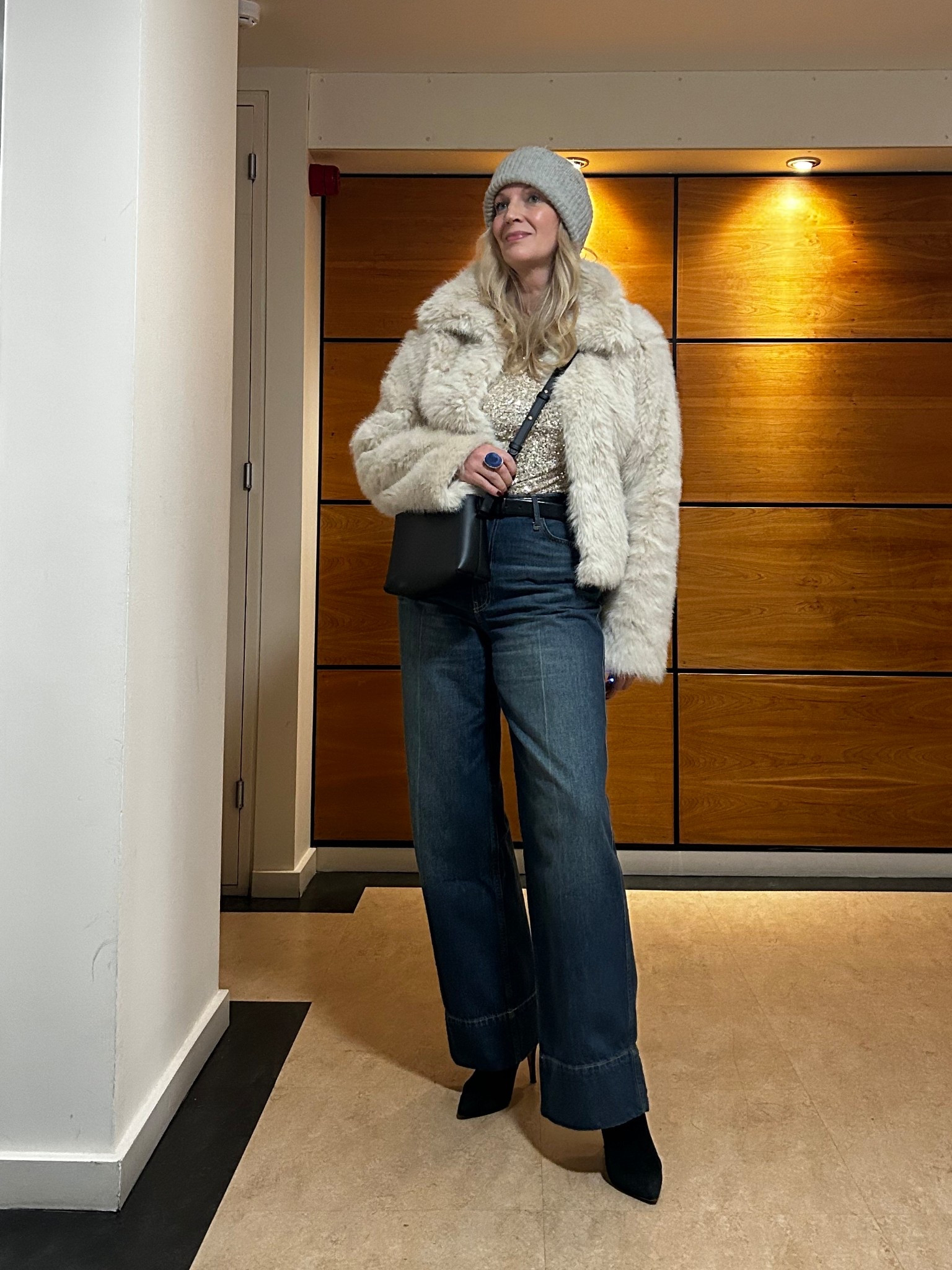  Jeans | wide leg jeans + ankle boots + sequin top + faux fur jacket 

#LTKxHarveyNichols #LTKjeans #LTKover50style