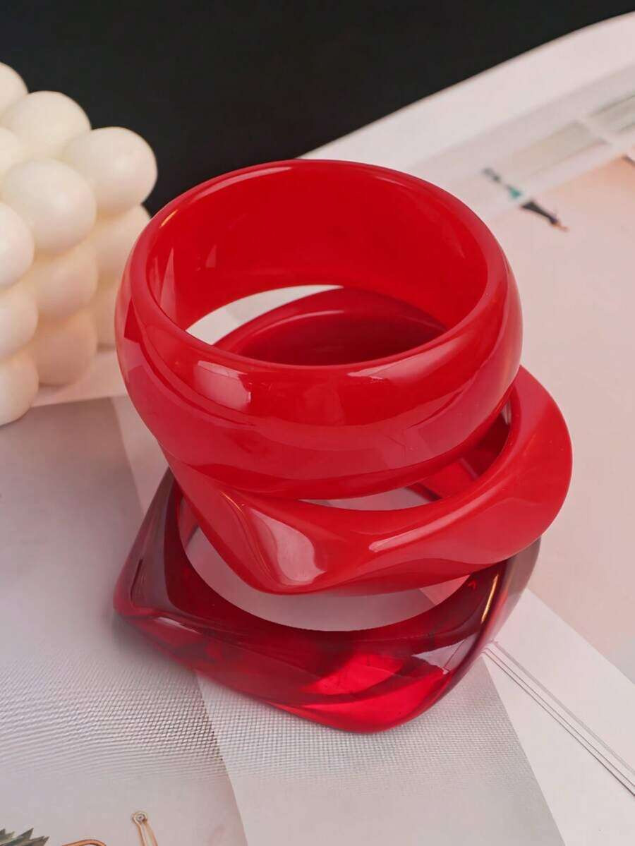 3pcs Set Red Translucent Acrylic Bangle Bracelet Set, Elegant Minimalist Dye Bracelet Combination... | SHEIN