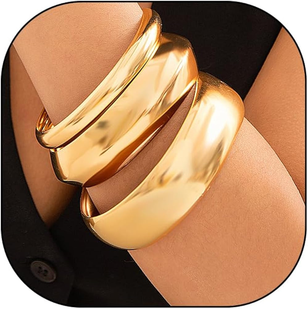 GIGB PBDK 3Pcs Chunky Gold Bangle Bracelets Set Stackable Minimalist Open Wide Bangles Trendy Geo... | Amazon (US)