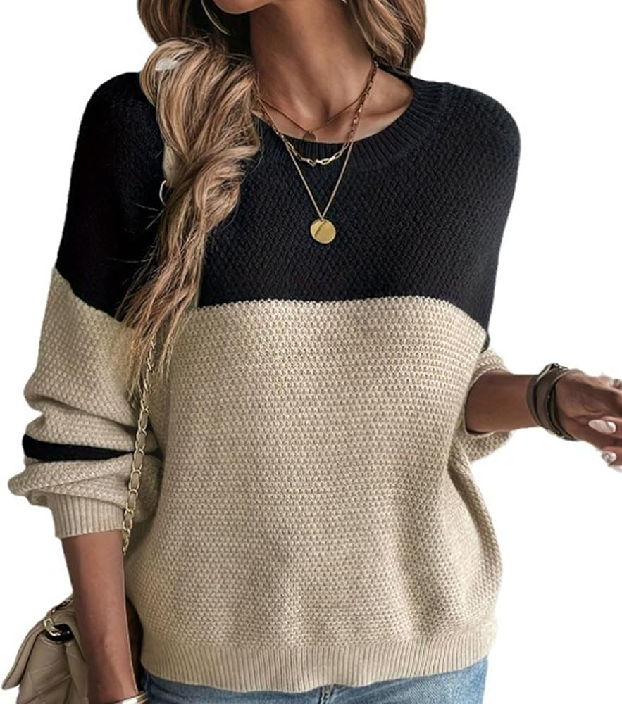 Women's Casual Fashion Sweaters Crew Neck Long Sleeve Color Pullover Trendy Block Knit Sweater Ba... | Amazon (US)