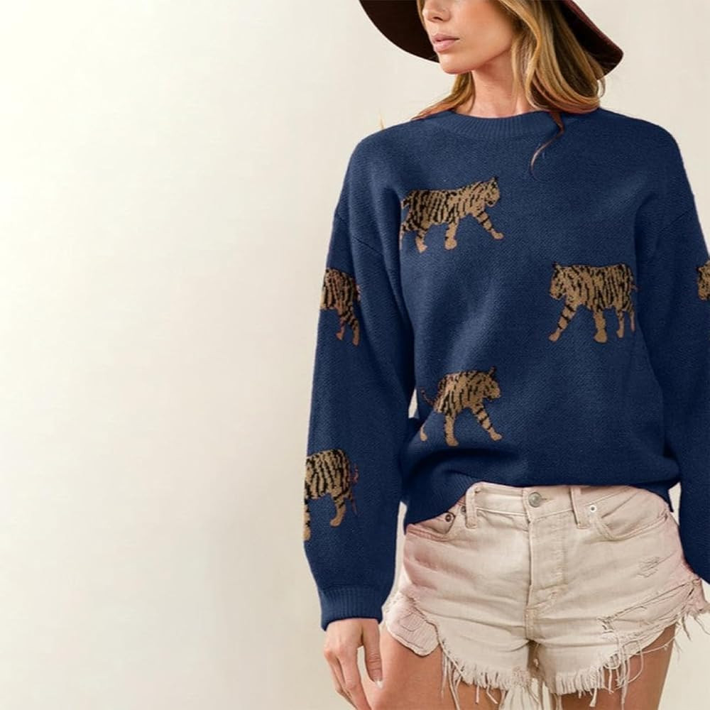 Women Y2k Sweaters Vintage Tiger Print Long Sleeve Pullover Sweater Fall Knitwear Streetwear | Amazon (US)
