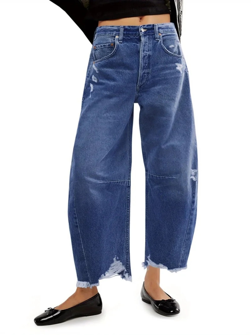 Women Barrel Leg Casual Jeans Loose Copped Ripped Denim Pants | Walmart (US)