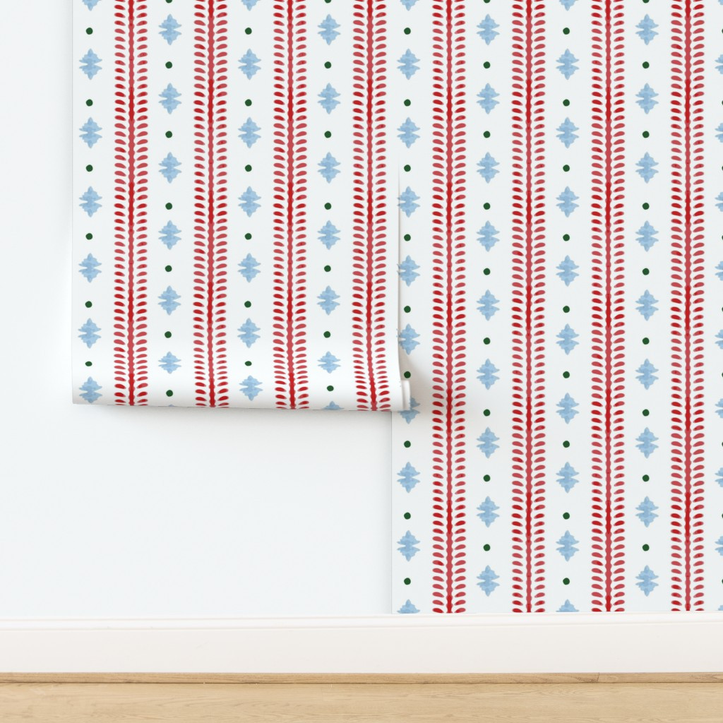 6Nantucket Stripe | Red and Blue Foliage with Green Dots Wallpaper byabbymatthewsdesign | Spoonflower