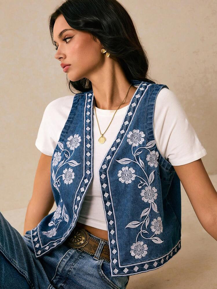 Po\u00e9selle Women Floral Embroidered Denim Vest, Blue Boho Jacket, Fashion Open Front Y2k Count... | SHEIN