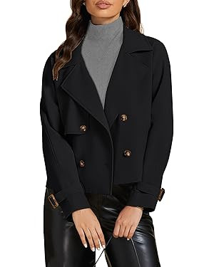 luvamia Cropped Trench Coat for Women Long Sleeve Double Breasted Notched Lapel Casual Loose Fit ... | Amazon (US)