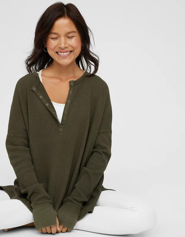OFFLINE By Aerie Way Back Waffle Henley Long Sleeve T-Shirt | American Eagle Outfitters (US & CA)
