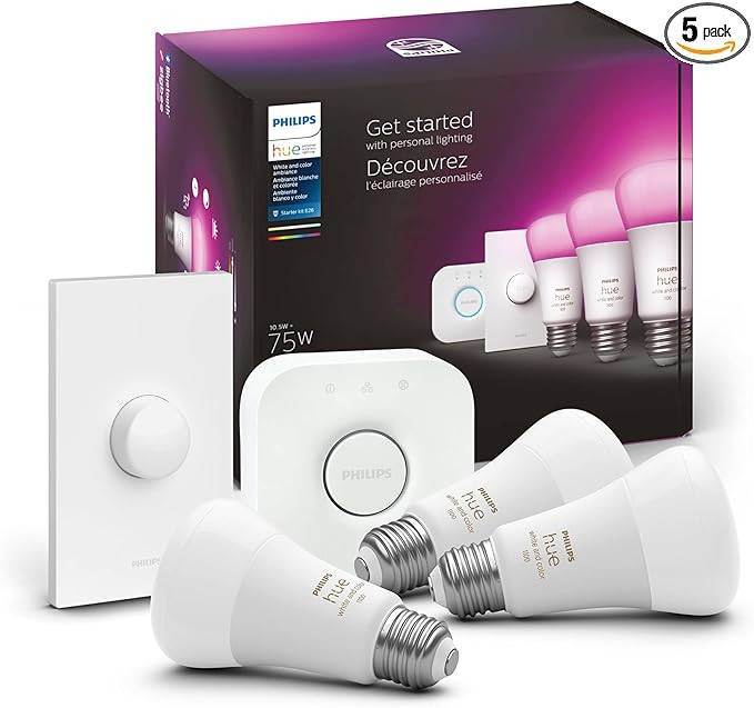 Philips Hue White and Color LED Smart Button Starter Kit, 3 Medium Lumen A19 Smart Bulbs, 1 Smart... | Amazon (US)
