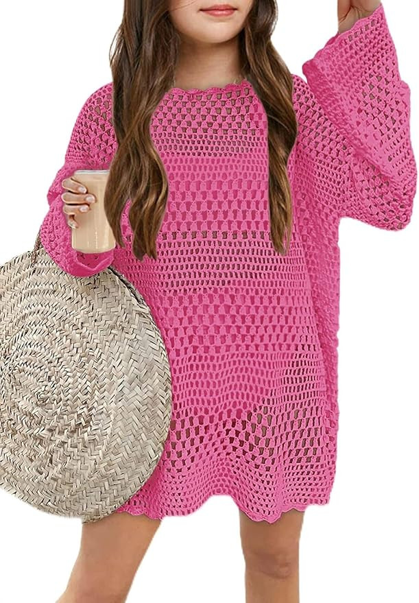 Batermoon Girls Crochet Long Sleeve Swimsuit Cover Up Kids Fashion Hollow Out Swimwear Beach Dres... | Amazon (US)