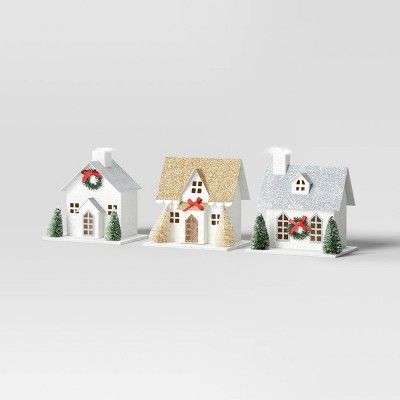 3pc Glittered Paper House Christmas Village Set - Wondershop™ White/Gold/Silver | Target