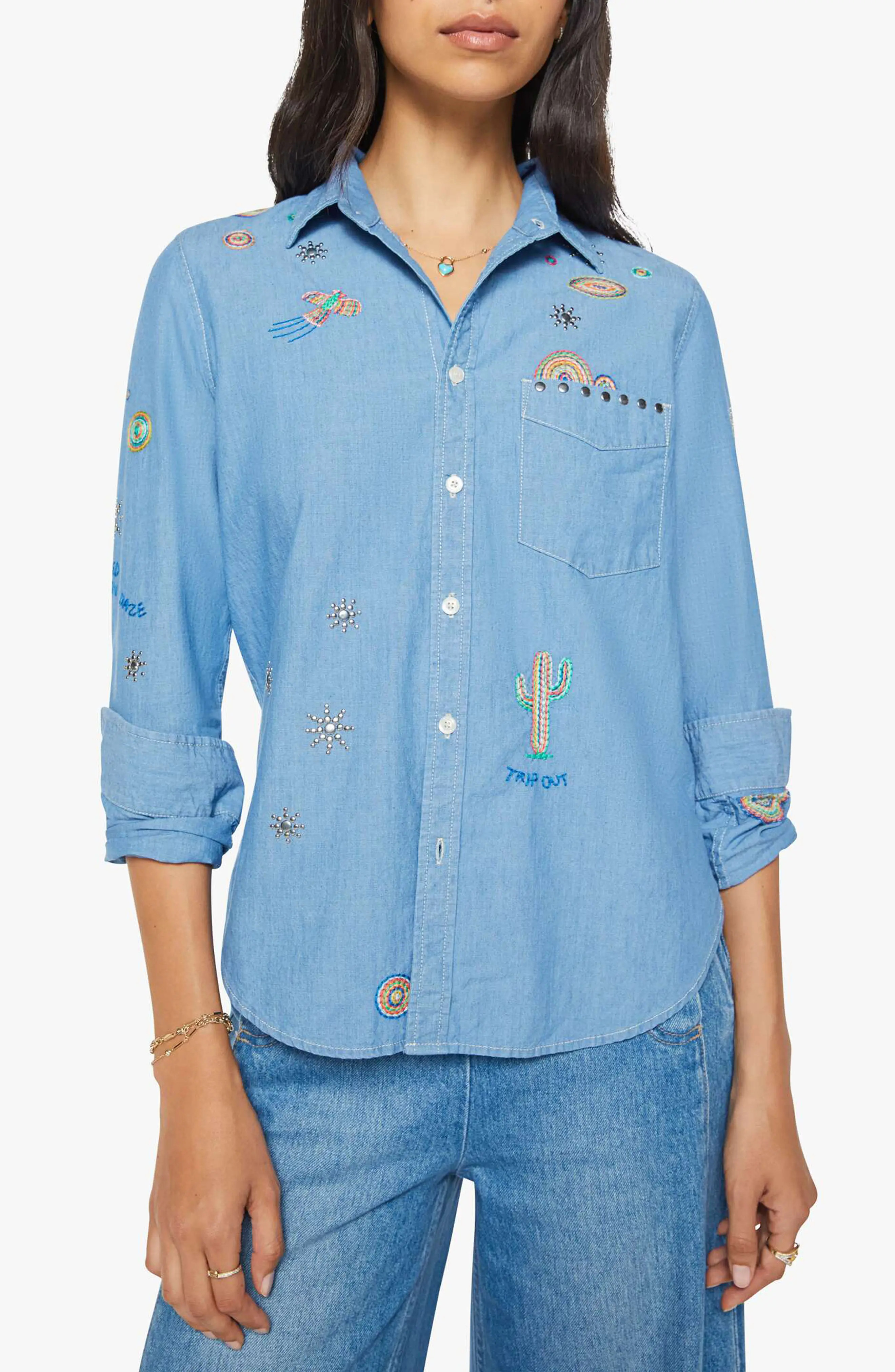 MOTHER The Foxy Boxy Denim Shirt in Hands Up at Nordstrom, Size Small | Nordstrom