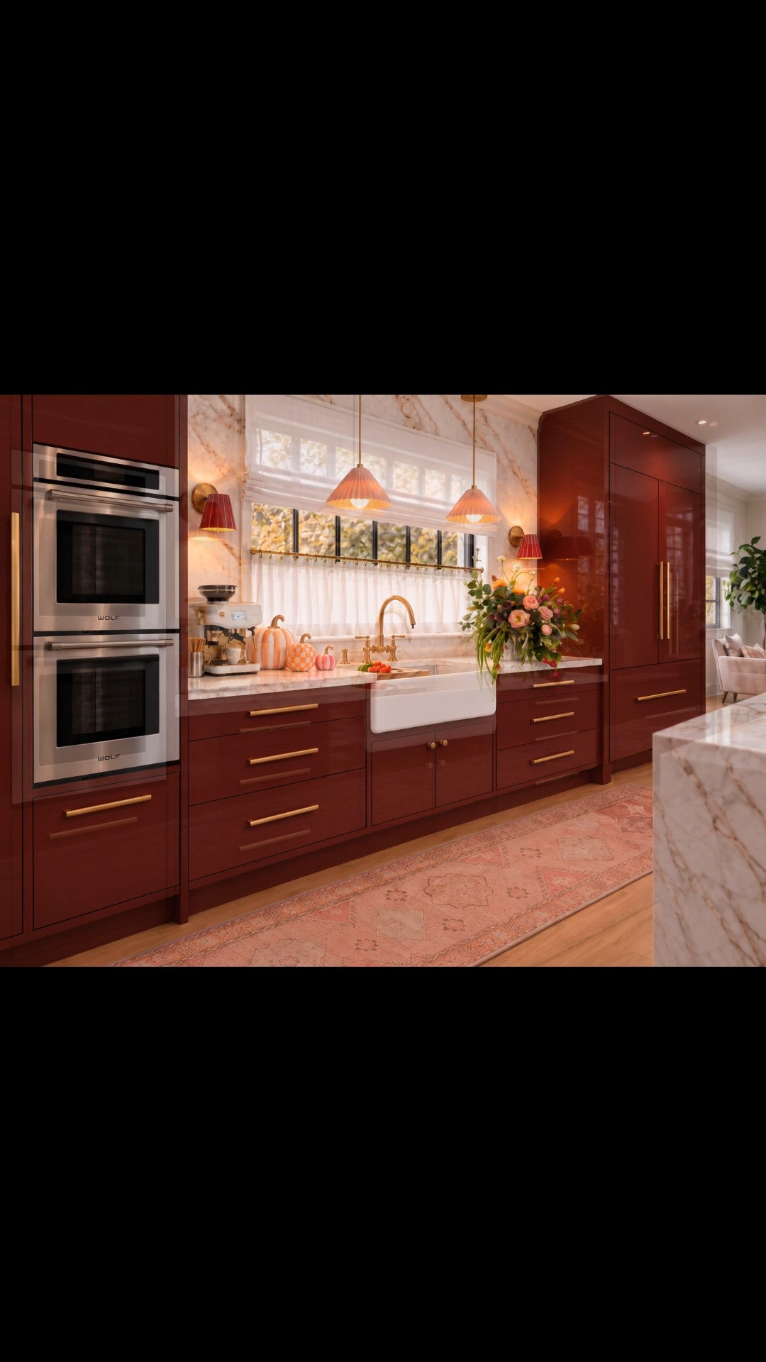 From daylight to evening glow! ✨💕 A sweet take on modern chic, this kitchen sink area brings together rich burgundy red, soft blush pink, and crisp white marble for a warm, sophisticated, candy-inspired color palette.

I love how lighting transforms this space throughout the day! As natural daylight fades, the adorable blush pink pleated pendant lights and elegant fabric-shaded wall sconces gradually illuminate the kitchen with a soft, inviting glow.

High-gloss cabinetry, a dramatic marble backsplash, a modern farmhouse sink, and a brass bridge faucet create a polished look. Crisp white Roman shades, café curtains, a charming espresso station, fresh flowers, and playful pumpkins add personality and seasonal warmth. 🎃

The soft pink vintage-inspired kitchen runner ties everything together, adding pattern, texture, and comfort underfoot. Paired with a non-slip rug pad, it’s both stylish and practical for everyday living.

From morning coffee to evening gatherings, thoughtful design and layered lighting make this kitchen more than just a place to cook. 🥂

Shop the look on my LTK!

#LTKHome #LTKStyleTip #LTKSeasonal #DayToNight #KitchenSink #KitchenSinkDesign #KitchenRunner #KitchenRug #RunnerRug #VintageInspiredRug #KitchenDesign #KitchenDecor #BurgundyKitchen #RedKitchen #ColorfulKitchen #ModernChic #FallKitchenDecor #PumpkinDecor #FallDecor #MarbleBacksplash #WaterfallIsland #KitchenIsland #FarmhouseSink #BridgeFaucet #DoubleOven #BuiltInRefrigerator #RomanShade #CafeCurtains #PleatedPendant #PendantLighting #FabricWallSconce #WallSconce #LayeredLighting #KitchenLighting #EspressoMachine #CoffeeStation #FlowerArrangement #BrassHardware #InteriorDesign #HomeDecor