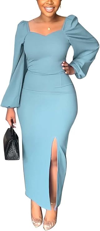 Women's Business Bodycon Maxi Dress Long Puff Sleeves Sexy Side Split Zipper Party Cocktail Penci... | Amazon (US)