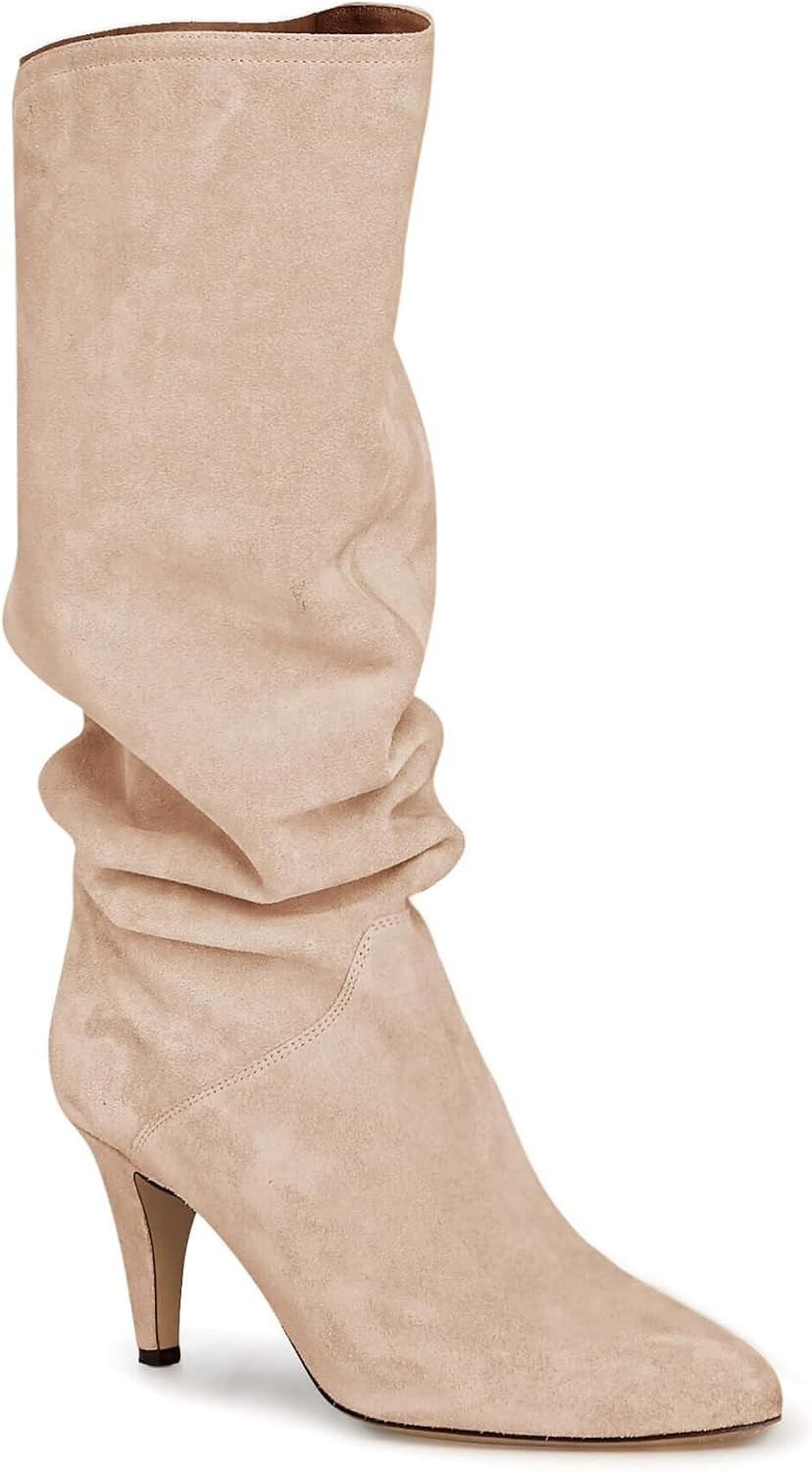 Coutgo Womens Slouchy Knee High Boots Wide Calf Kitten Heel Pointed Toe Pull On Long Boots Winter Shoes | Amazon (US)