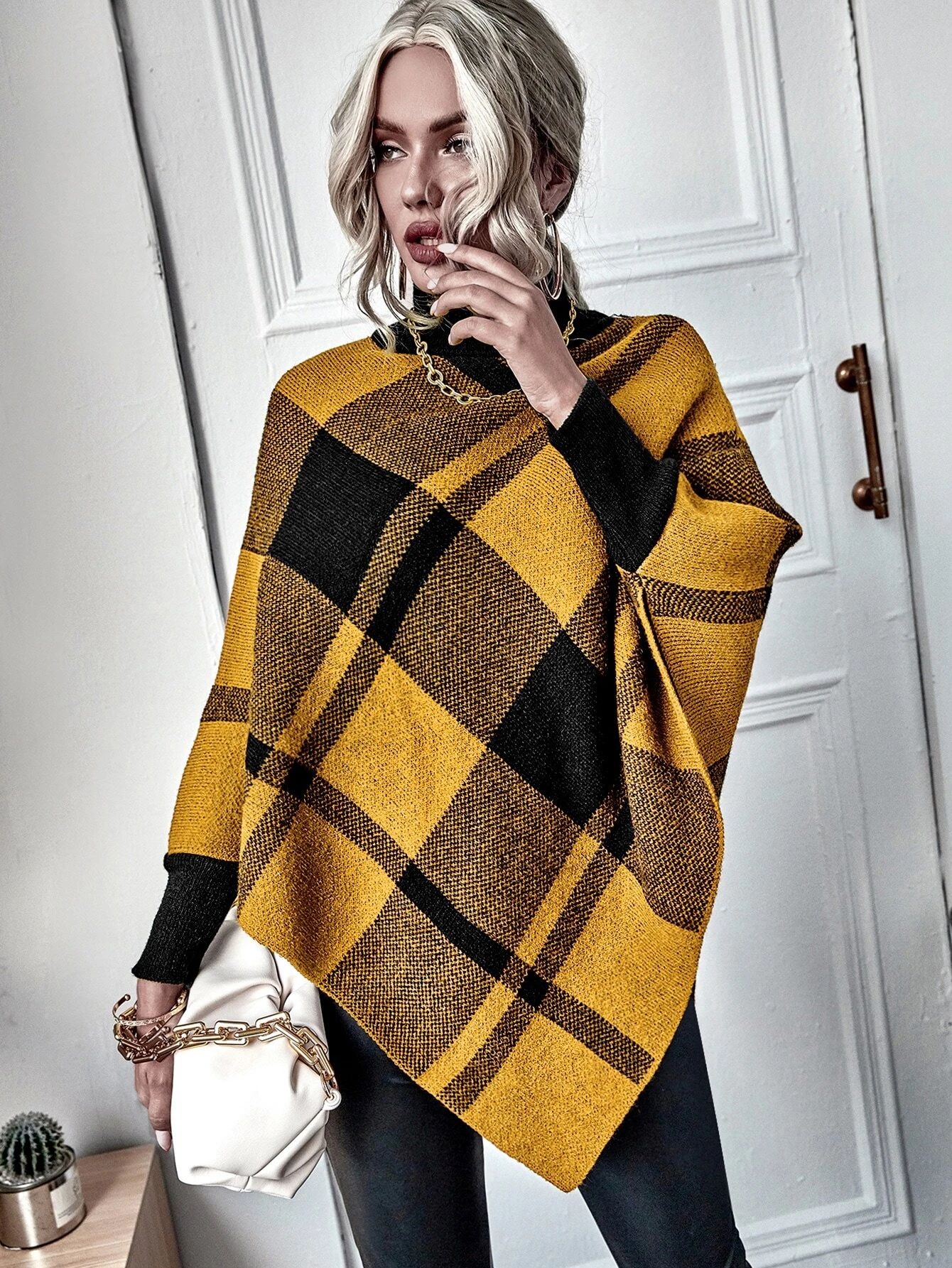 Plaid Turtleneck Asymmetrical Hem Ribbed Poncho | SHEIN