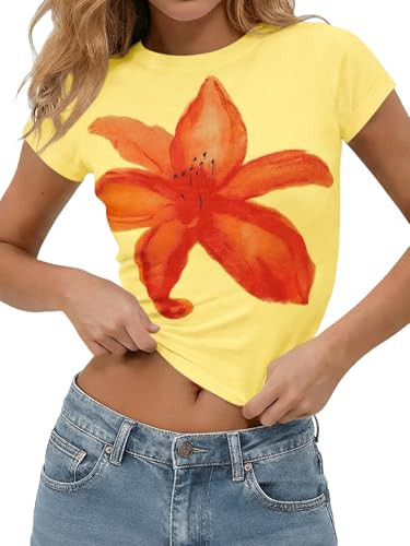 Tankaneo Womens Y2K Graphic Baby Tees Summer Flower Vintage Short Sleeve Tops Slim Fit Cropped Tshirts | Amazon (US)