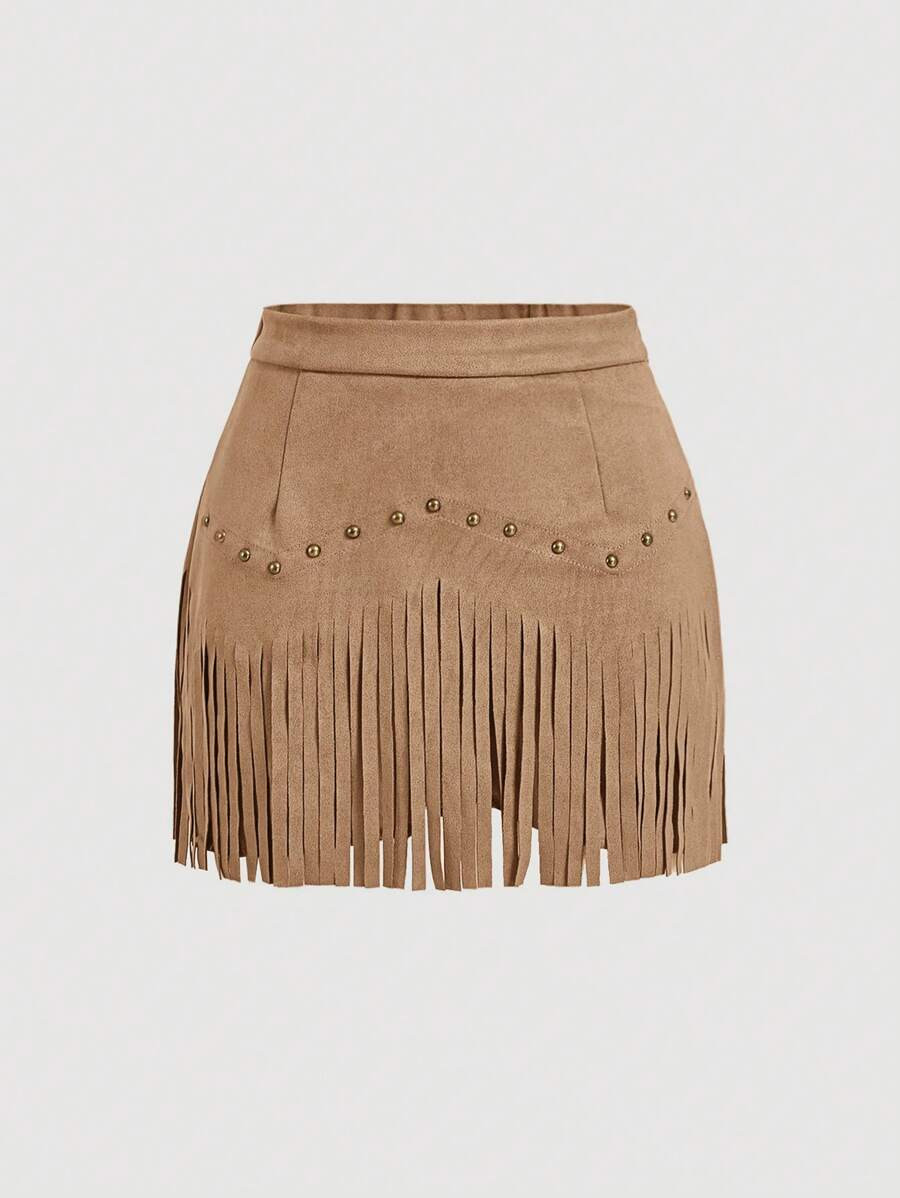 SHEIN MOD Women's Vintage Hippie Rivet Fringe Brown Suede A-Line Skirt, Autumn Skirt,Nashville Ou... | SHEIN