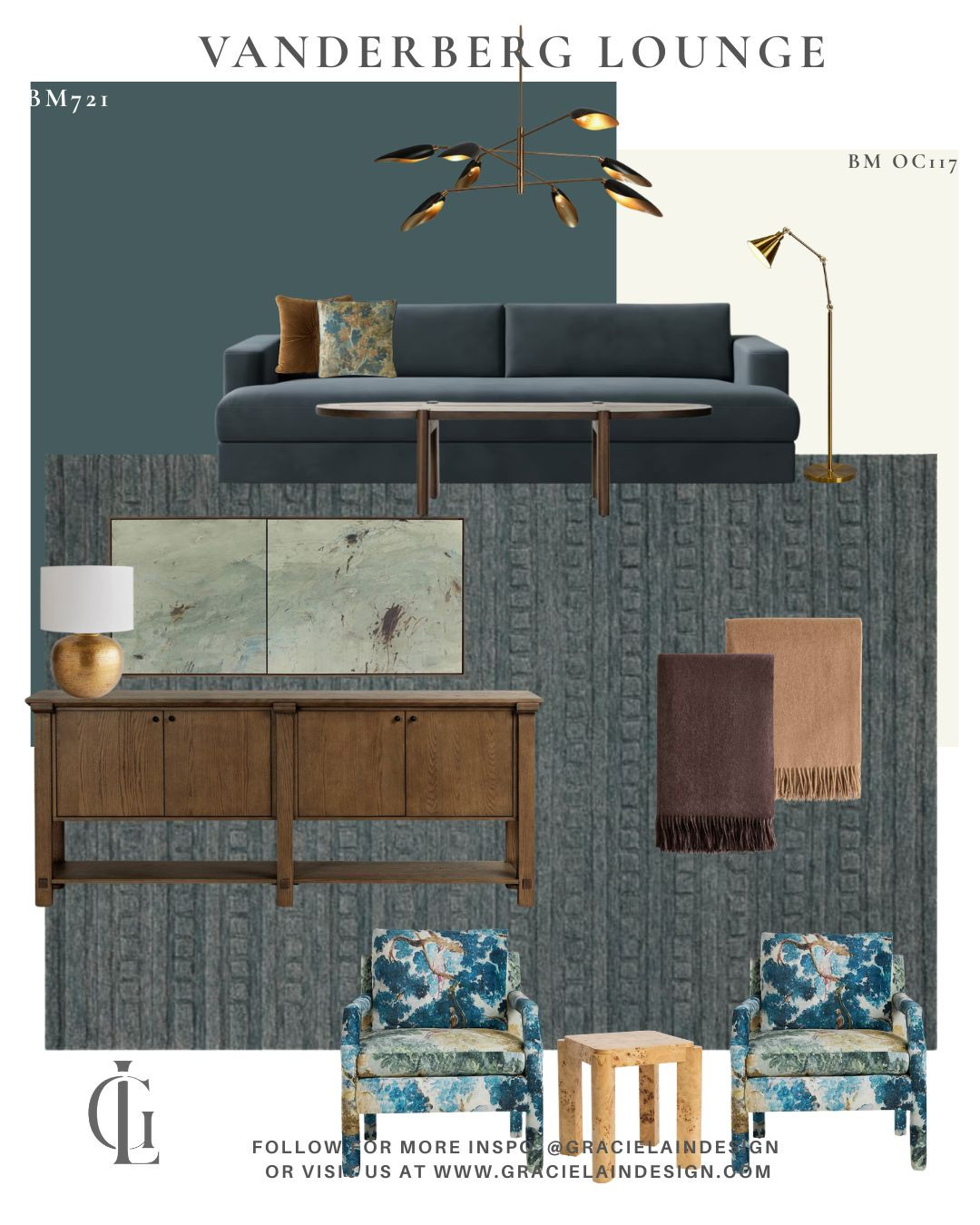 Vanderberg Lounge 💙✨

It starts with a deep, saturated teal — layered tone on tone creating a space that is wrapped in color. The room unfolds with playful patterned chairs that don’t take themselves too seriously, warm brass accents that glow against the moody backdrop, and eclectic lighting that keeps the energy interesting from day to night.

Underfoot, a soft wool rug grounds the space. Rich woods add warmth. Tonal abstract art highlights and moves with the walls, creating depth without distraction.

The vibe? Moody. Modern. Elevated. Fun.   A space that feels curated, collected, and effortlessly cool.

See all the details and shop the look at gracielaindesign.com 🤍

#VanderbergLounge #MoodyModern #TealInteriors #ToneOnTone #EclecticInteriors #BrassAccents #LayeredLiving #ModernHome #DesignInspo #ElevatedSpaces #LTKHome #ShopTheLook #BenjaminMoore 

 #LTKHome #LTKSaleAlert
